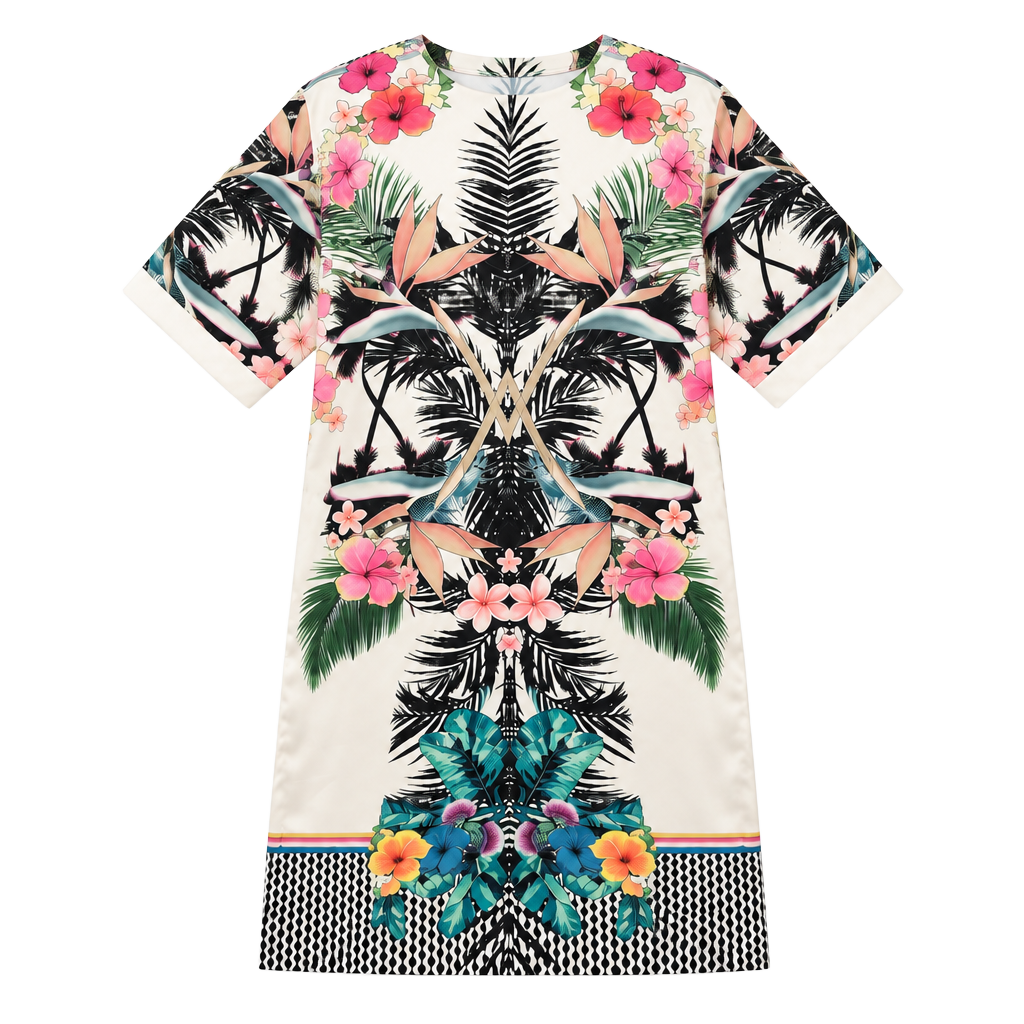 Capulet Tropical Print Short Sleeve Crew Neck Shift Dress Ivory 1