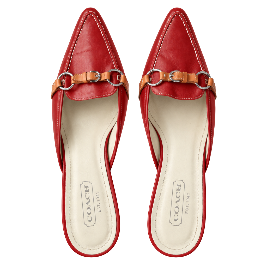 Vintage Y2K Coach Italian Red Leather Pointed Toe Kitten Heel Mules Buckle Strap Size 8.5B 1