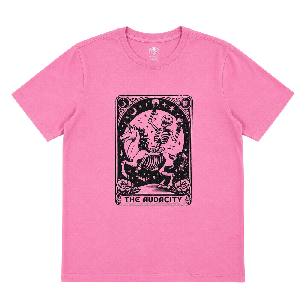 Athletic Works The Audacity Skeleton Unicorn Tarot Card Graphic Pink T-Shirt 1
