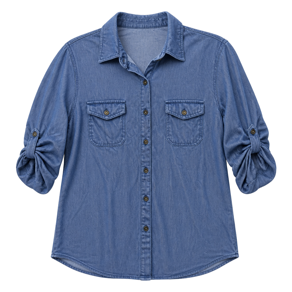 Eden & Olivia Blue Knit Denim Button Down Roll Tab Sleeve Shirt Size M 1