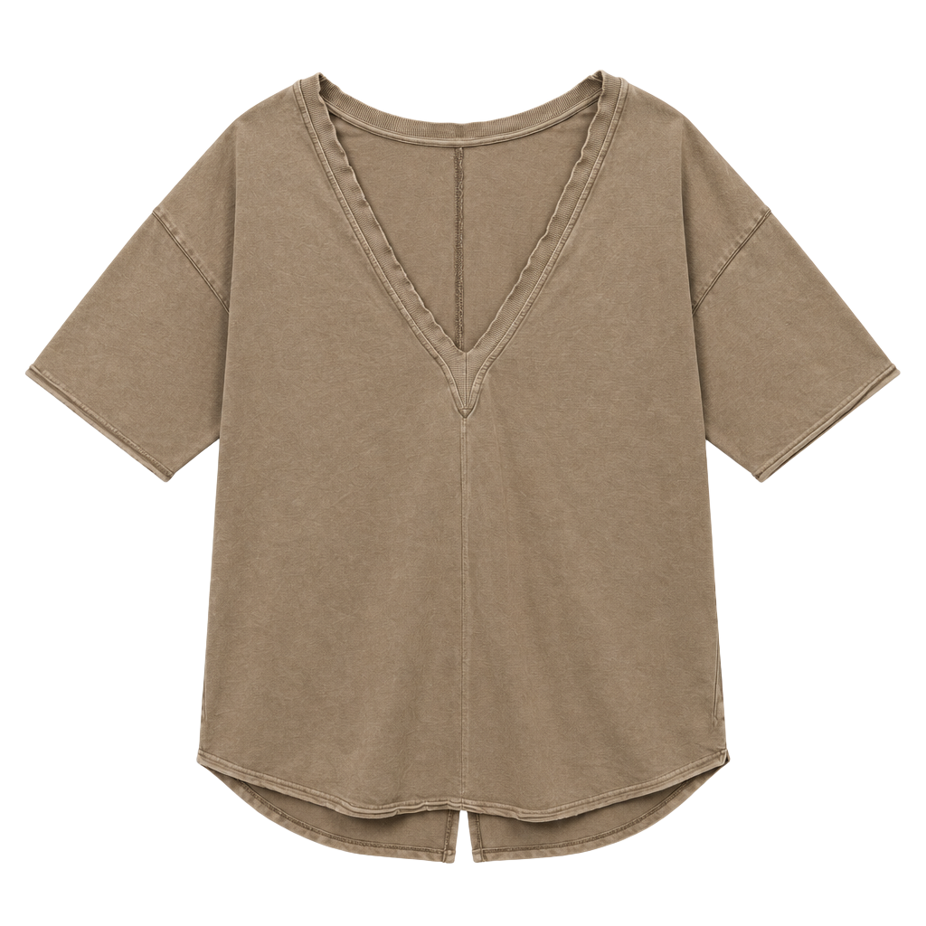 Free People Deep V-Neck T-Shirt Tan Oversized Short Sleeve 1