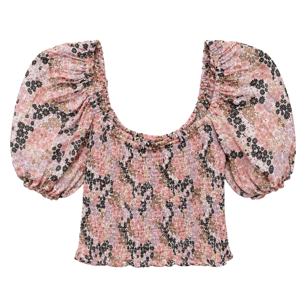 Free People Smocked Puff Sleeve Floral Crop Top In Soft Combo Size ..., 1