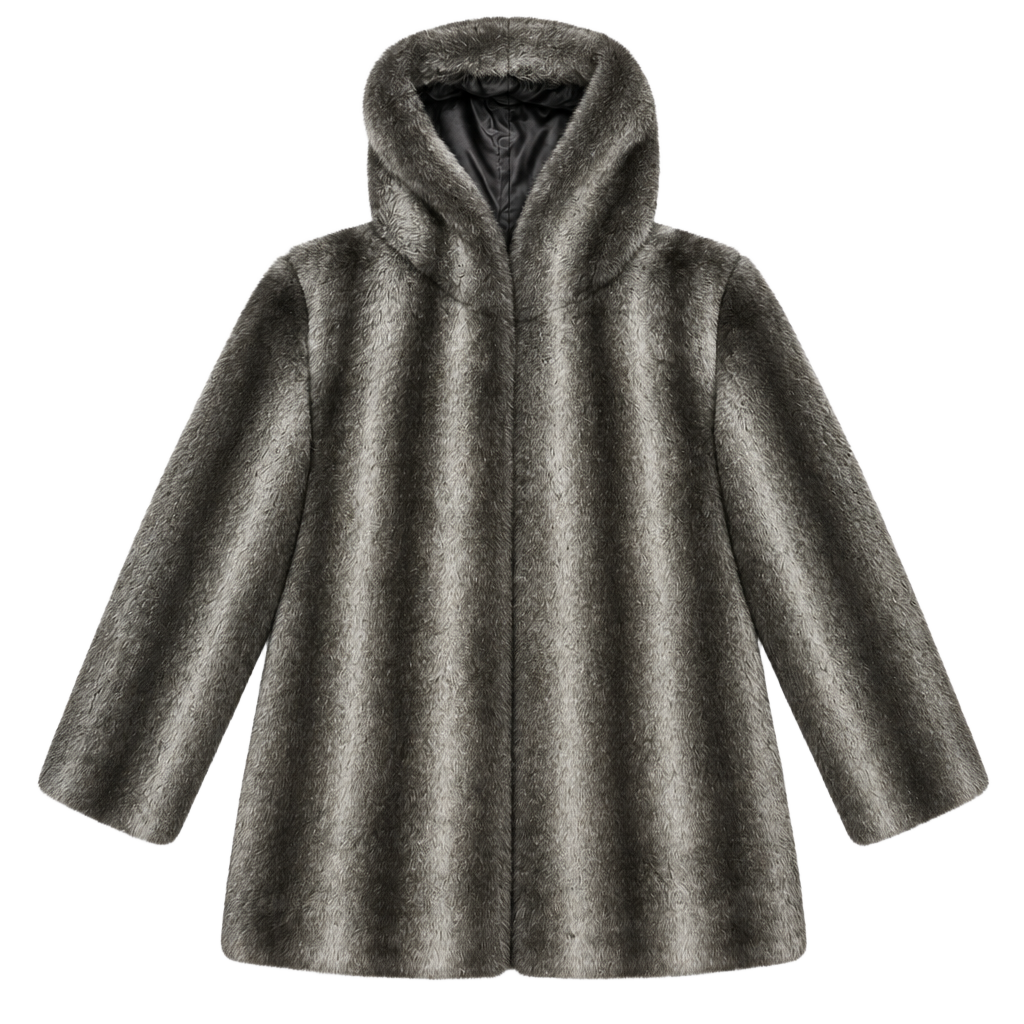 East 5th Faux Fur Hooded Jacket Size Medium Grey Striped 1