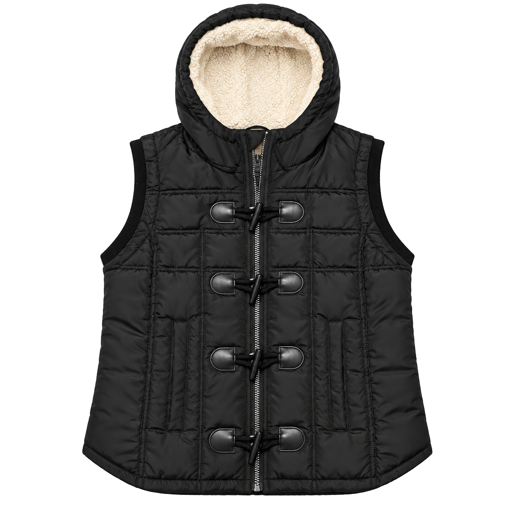 RuffHewn Quilted Hooded Vest Size L Black Toggle Button Sherpa Lined 1