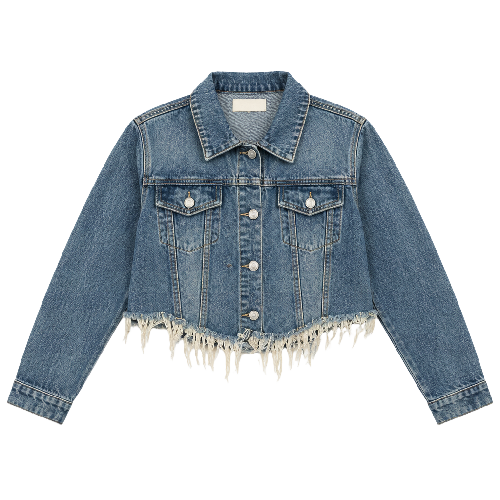 Vocal Rhinestone Fringe Denim Jacket Size XL Blue Cropped 1