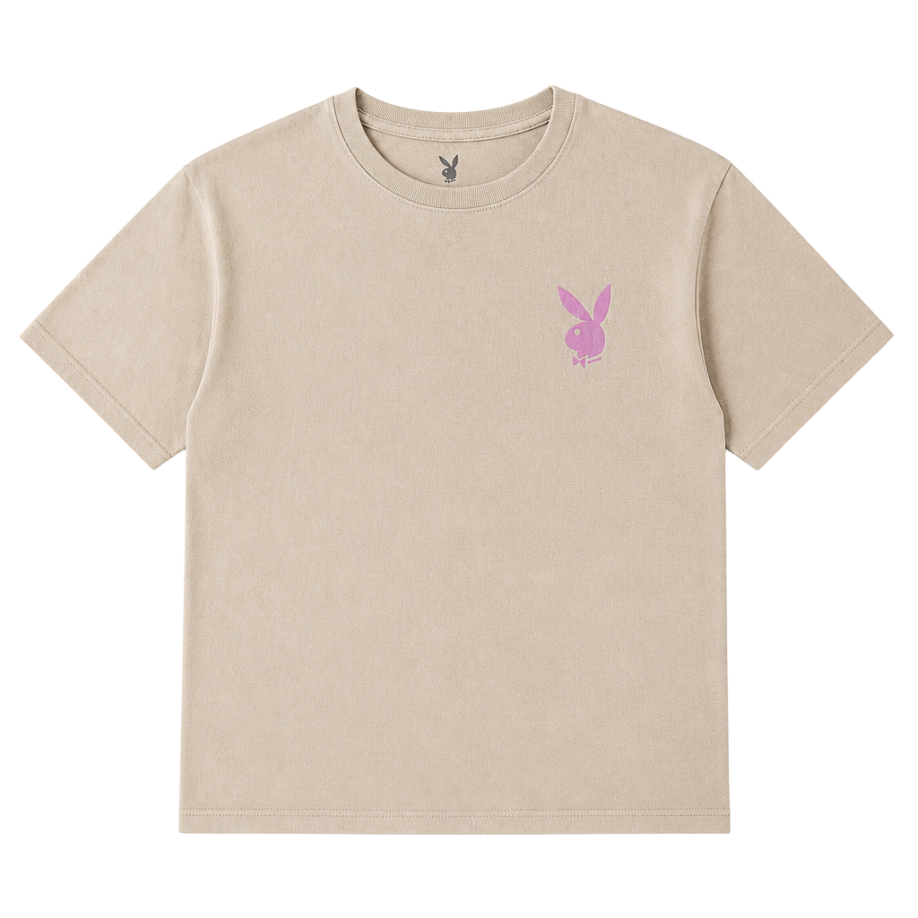 Playboy Beige T-Shirt with Pink Bunny Logo and Back Script Size L 1