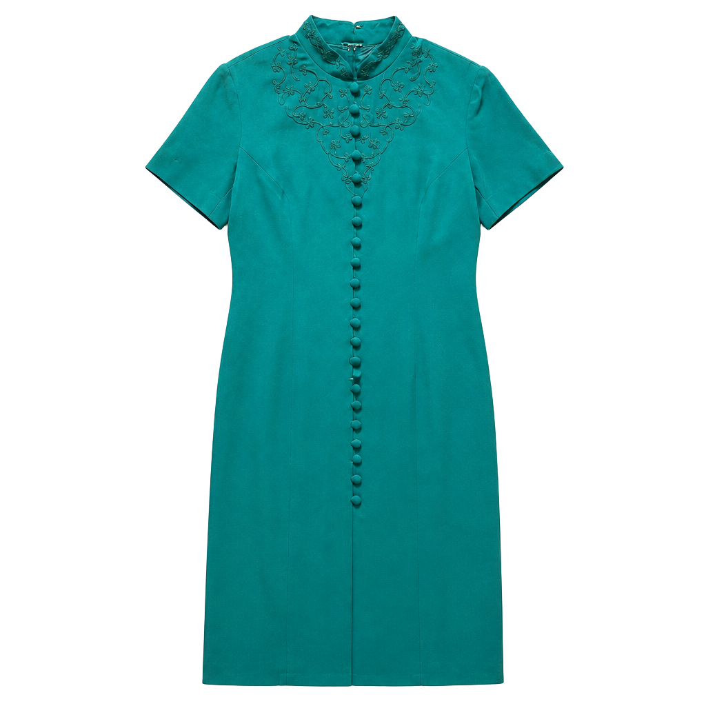 Vintage Maggy London Teal Green Embroidered Mandarin Collar Midi Dress 1