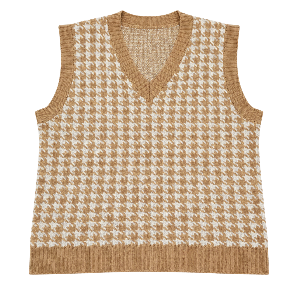 Unbranded Women's Brown and White Houndstooth V-Neck Knitted Sweater Vest Size M 1