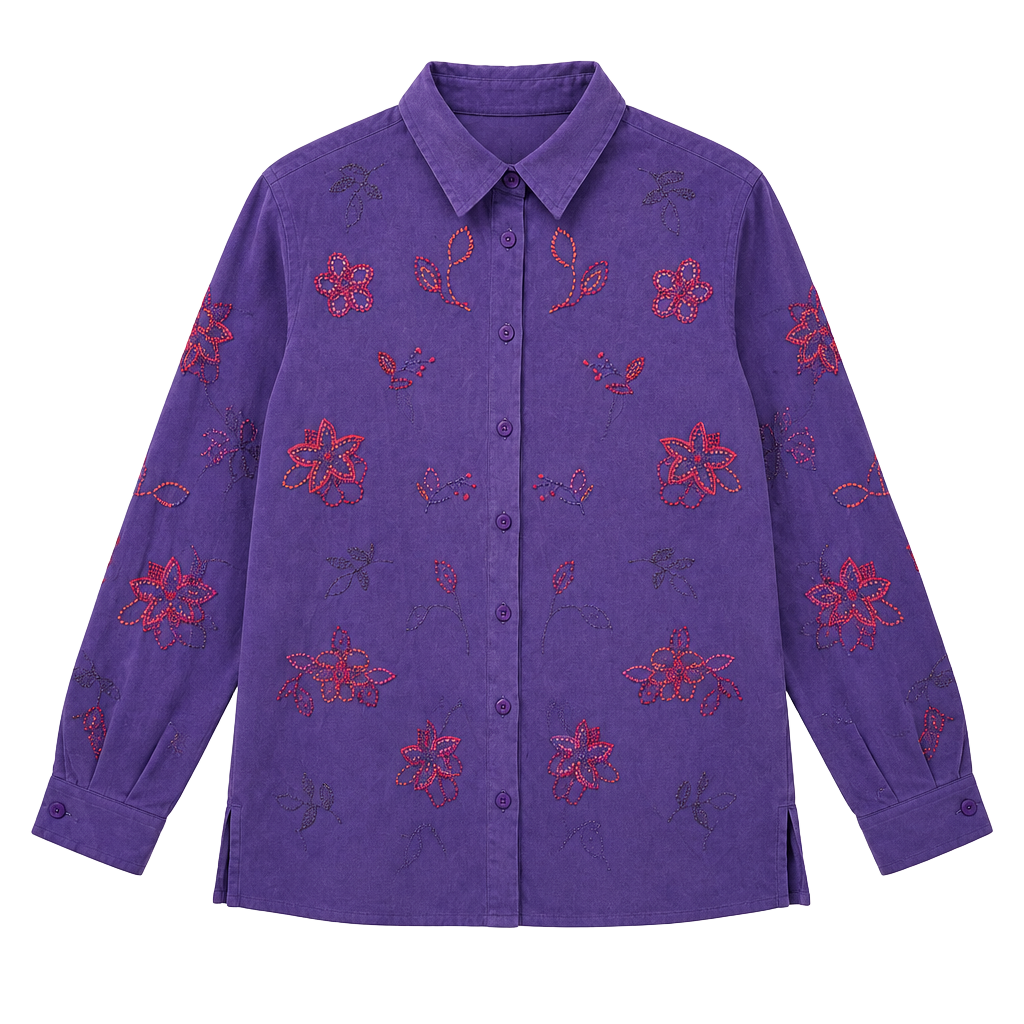Koret Button Down Shirt Size L Purple Floral Embroidered Long Sleeve 1