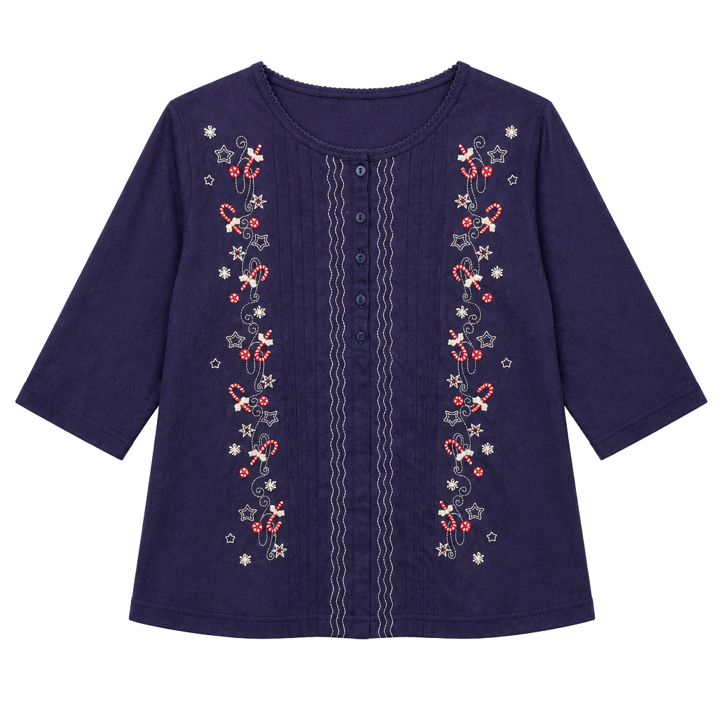 Shenanigans Christmas Embroidered Blouse Size L Blue Candy Cane Top 1