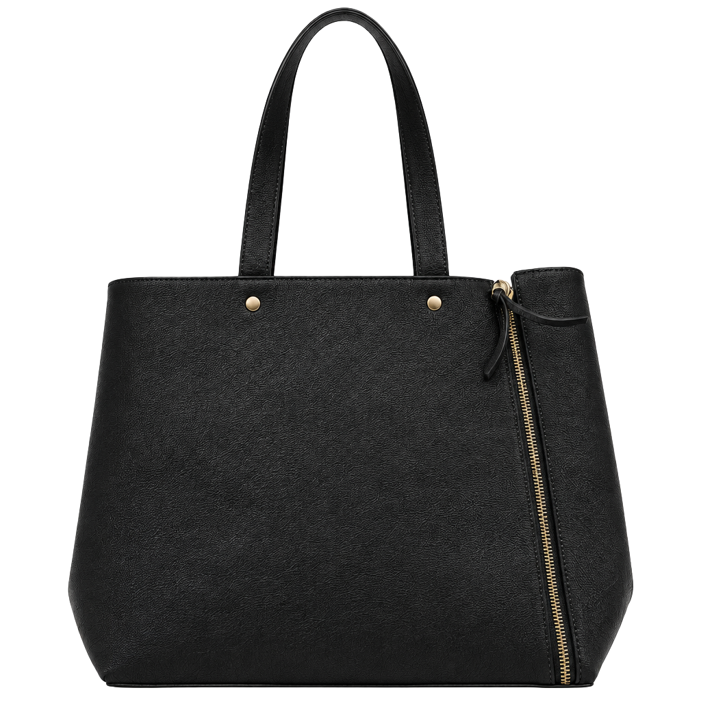 Neiman Marcus Black Faux Leather Open Top Tote Bag with Side Zippers 1