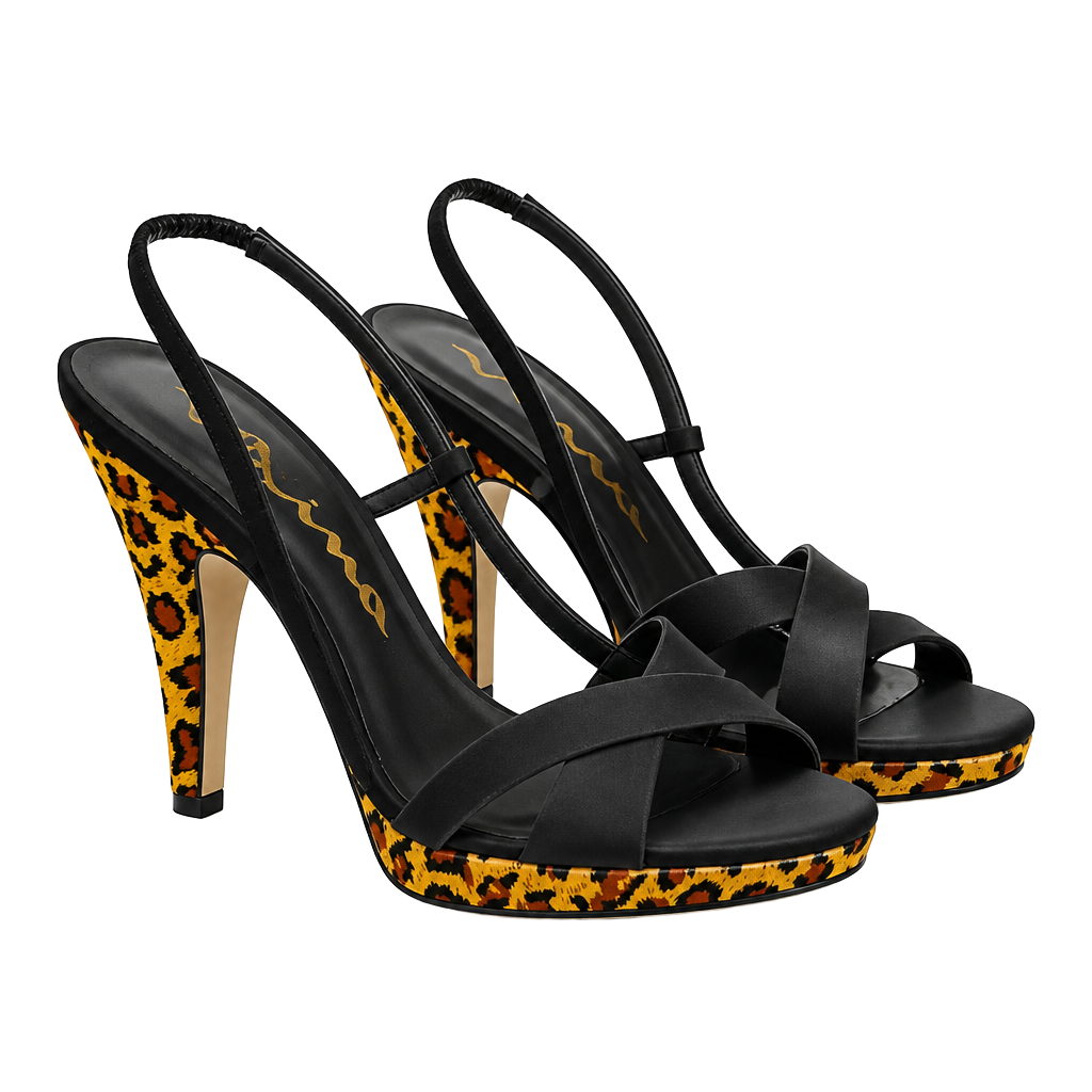 Nina Black Satin Slingback Heels with Leopard Print Platform and Stiletto 1