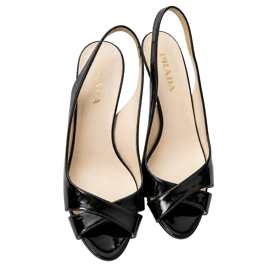 Prada Black Patent Leather Slingback Peep-Toe Heels 1