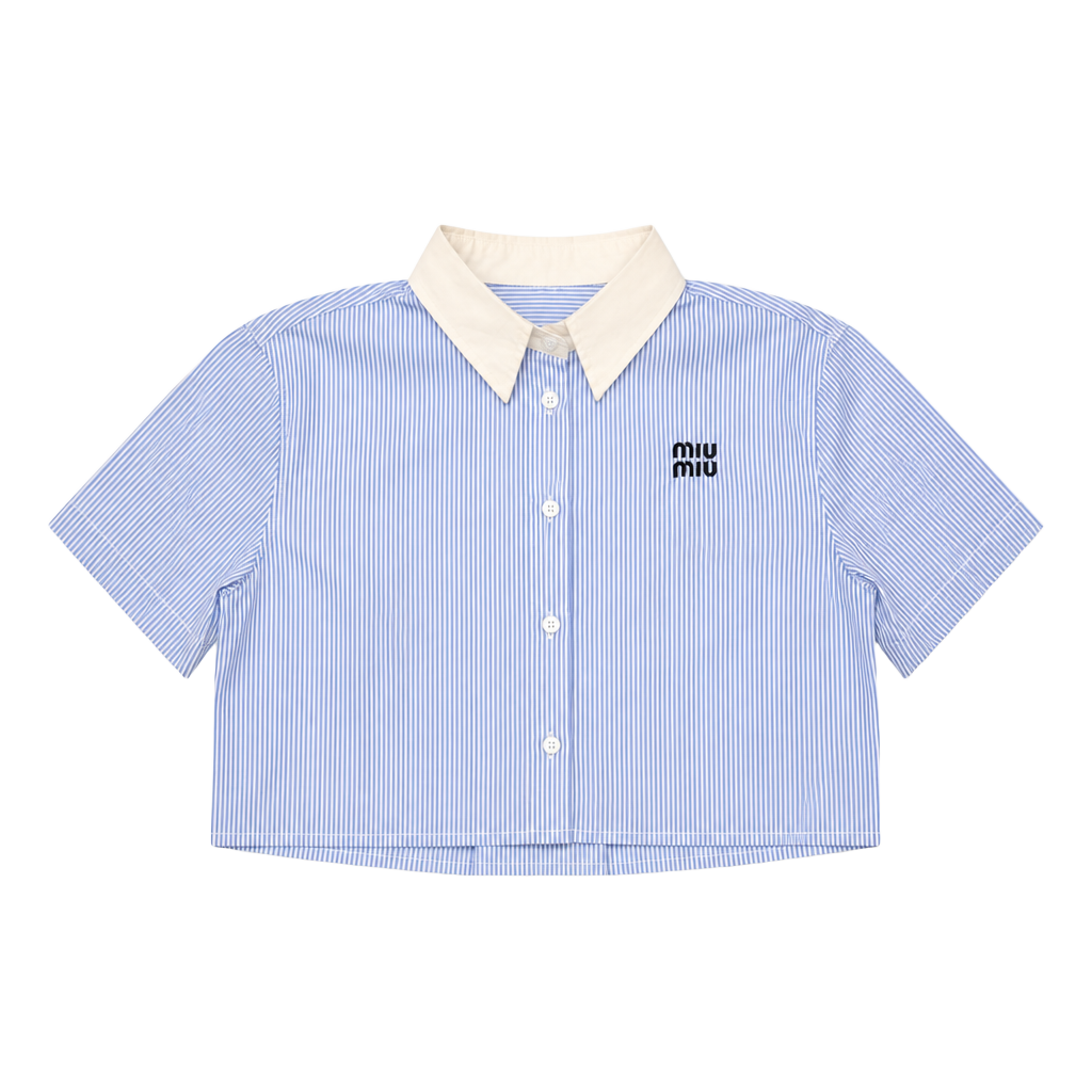 Miu Miu Cropped Striped Poplin Shirt with Embroidered Logo 1