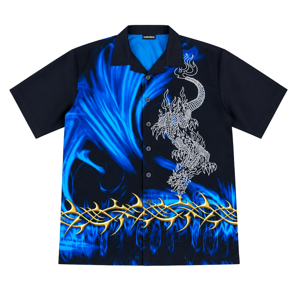 Vintage Y2K ODO Dragon and Blue Flame Tribal Button Up Shirt 1