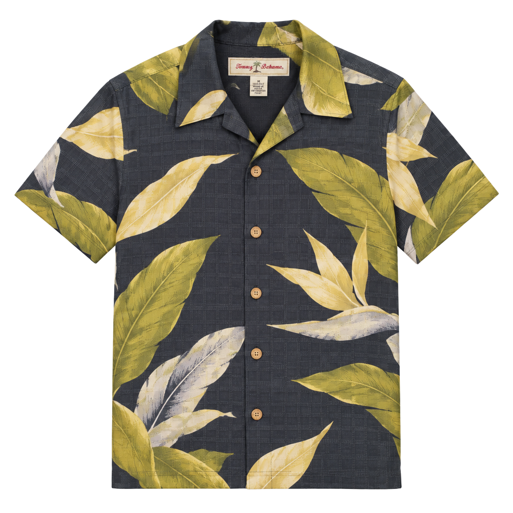 TOMMY BAHAMA Shirt Mens Medium Silk Black Leaf Print Button Down Hawaiian Casual 1