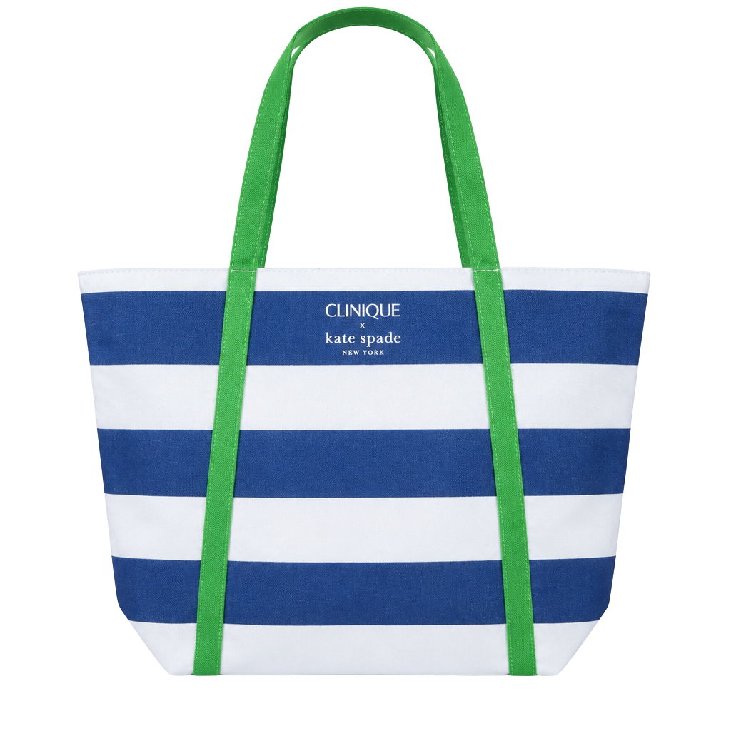 Clinique x Kate Spade Blue White Stripe Green Handle Tote Bag 1