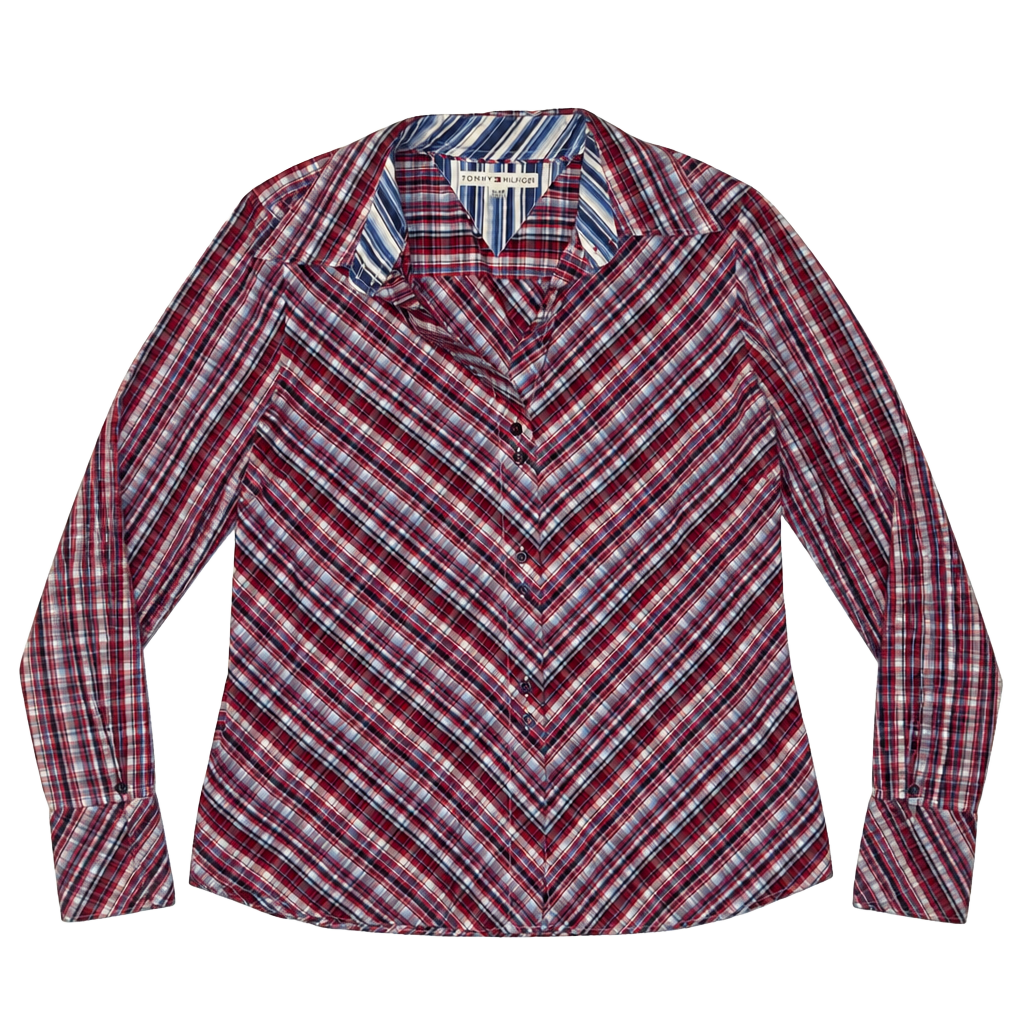 Tommy Hilfiger Women Long Sleeve Button-Down Shirt Size XL blue and maroon 1