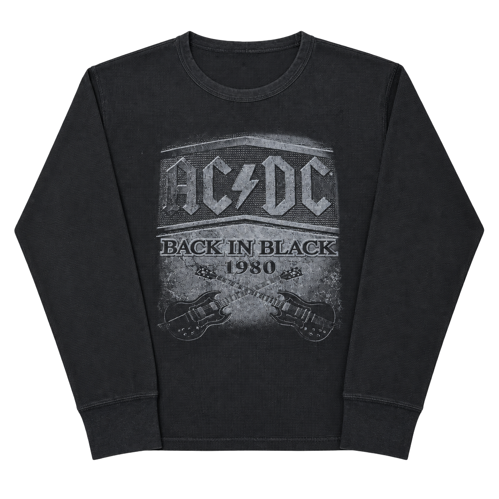 Rockware AC/DC Back In Black Long Sleeve Waffle Shirt Size XXL 1