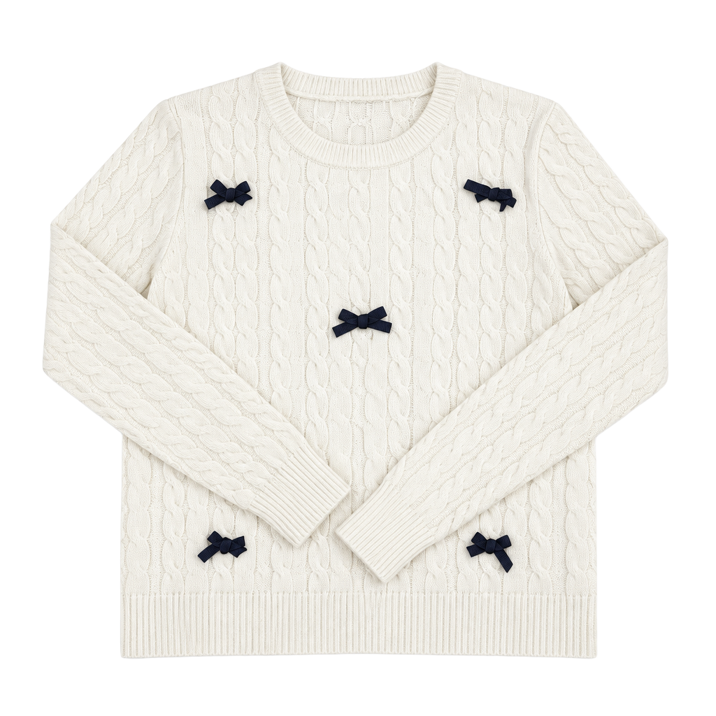 Orange Kiss Cable Knit Sweater Size L White Black Bows 1