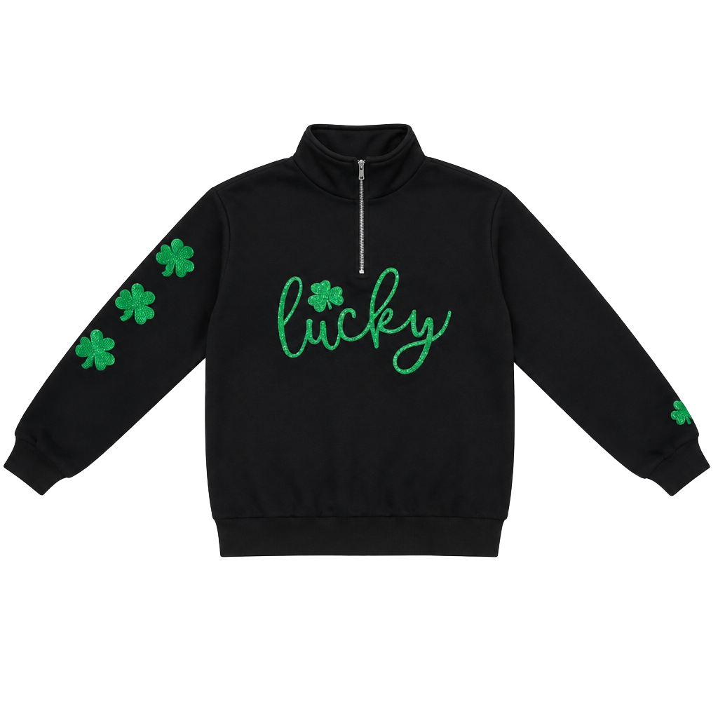 Black Lucky Shamrock Quarter Zip Sweatshirt 1
