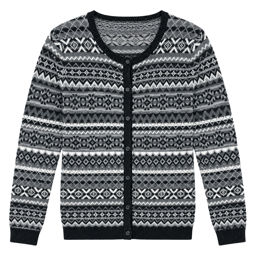 Eddie Bauer Fair Isle Cardigan Sweater Size L Gray Black Wool Blend 1