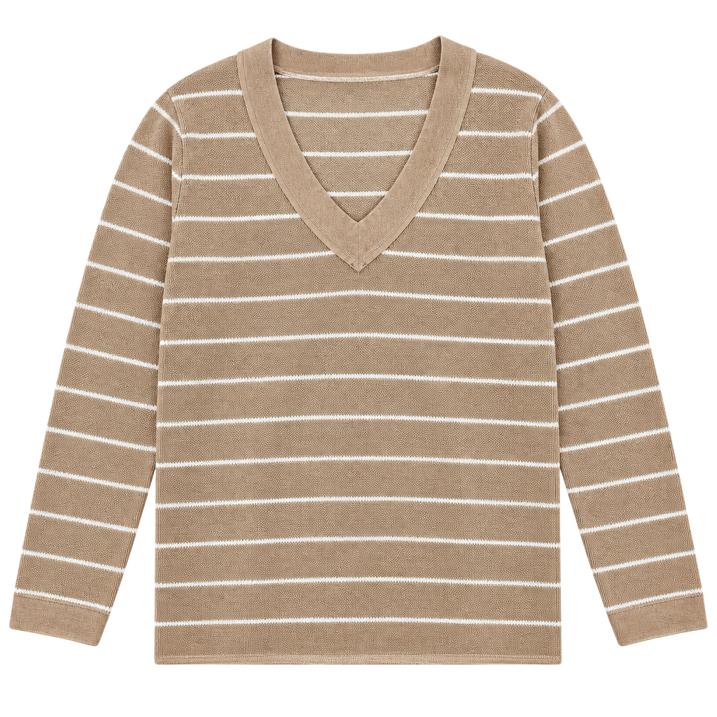 Attitudes by Renee Sweater Size 1X Brown White Stripe oversized and boxy V-Neck Jacquard 1