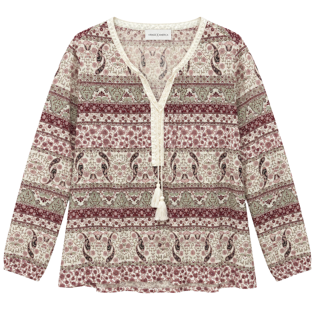 Vintage America Paisley Peasant Blouse Size L Boho Long Sleeve Tassel 1