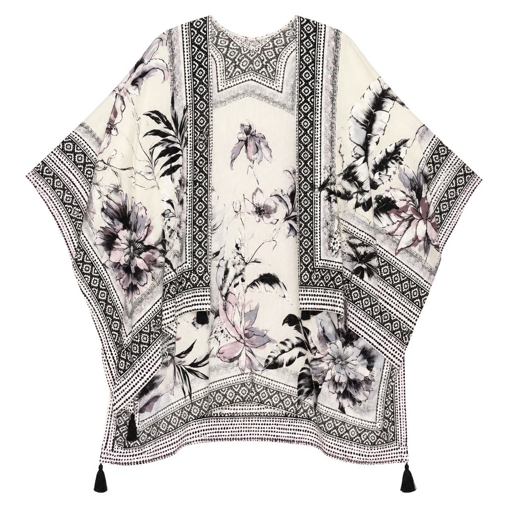Vince Camuto Floral Print Kimono One Size Black White Tassels 1