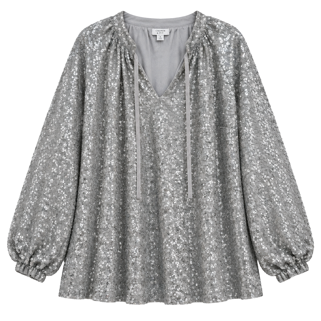 Crown & Ivy Sequin Blouse Size 2X Silver Long Sleeve Top 1