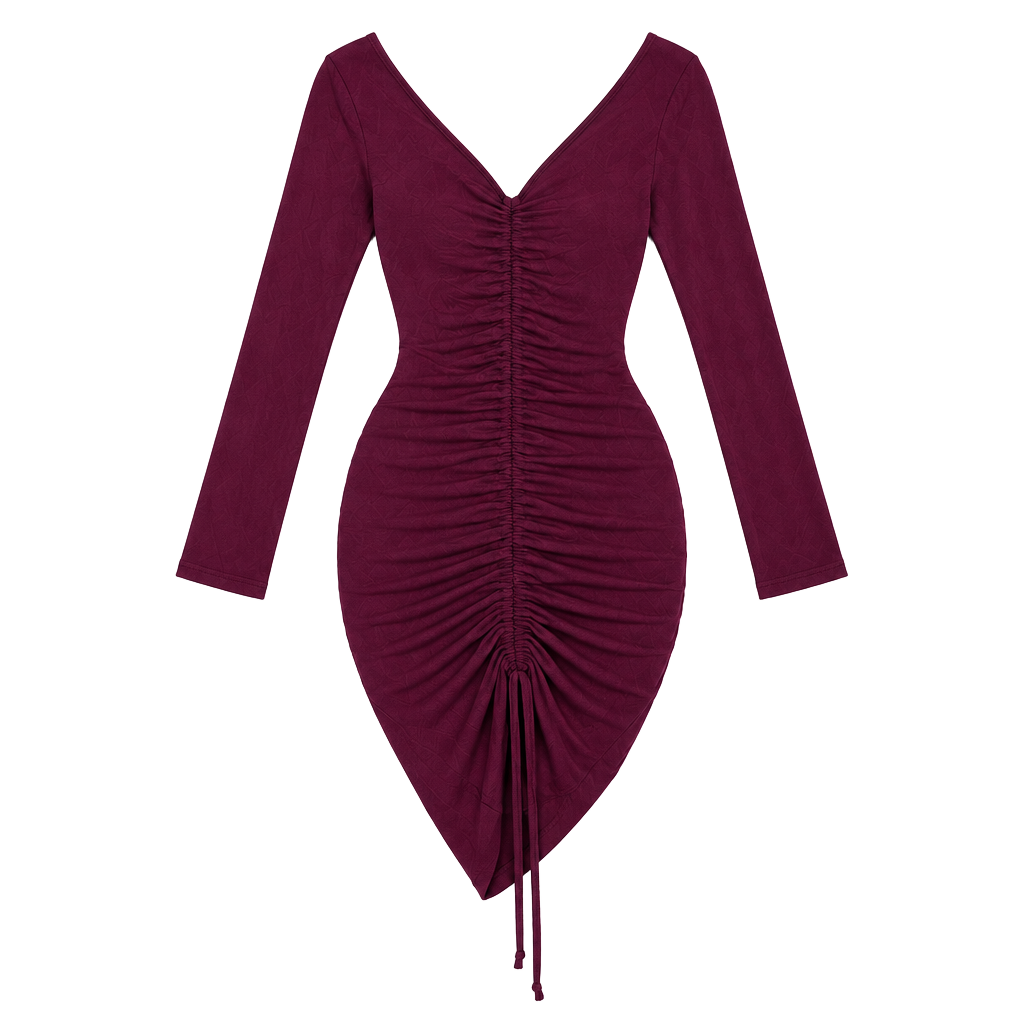 Fashion Nova Hong Kong Ruched Dress Size S Wine Burgundy Long Sleeve 1