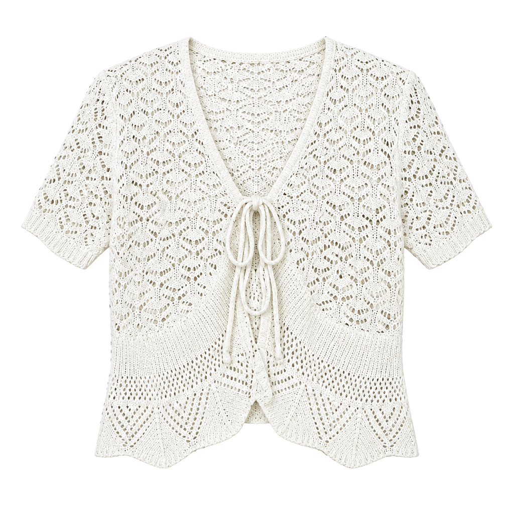 Sweet Kizz Crochet Cardigan Size Large White Short Sleeve Tie Front 1