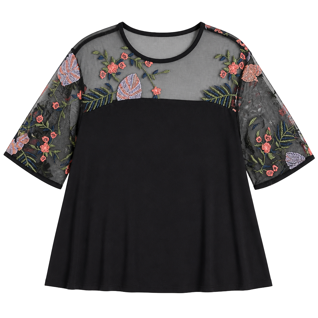 Kim & Cami Women's Black Floral Embroidered Mesh Overlay Tunic Top 1