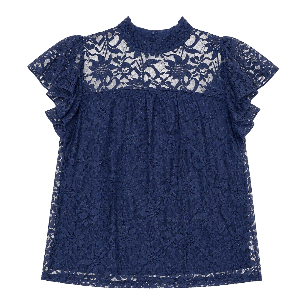 Shannon Ford New York Petite Navy Blue Lace Mock Neck Flutter Sleeve Top 1