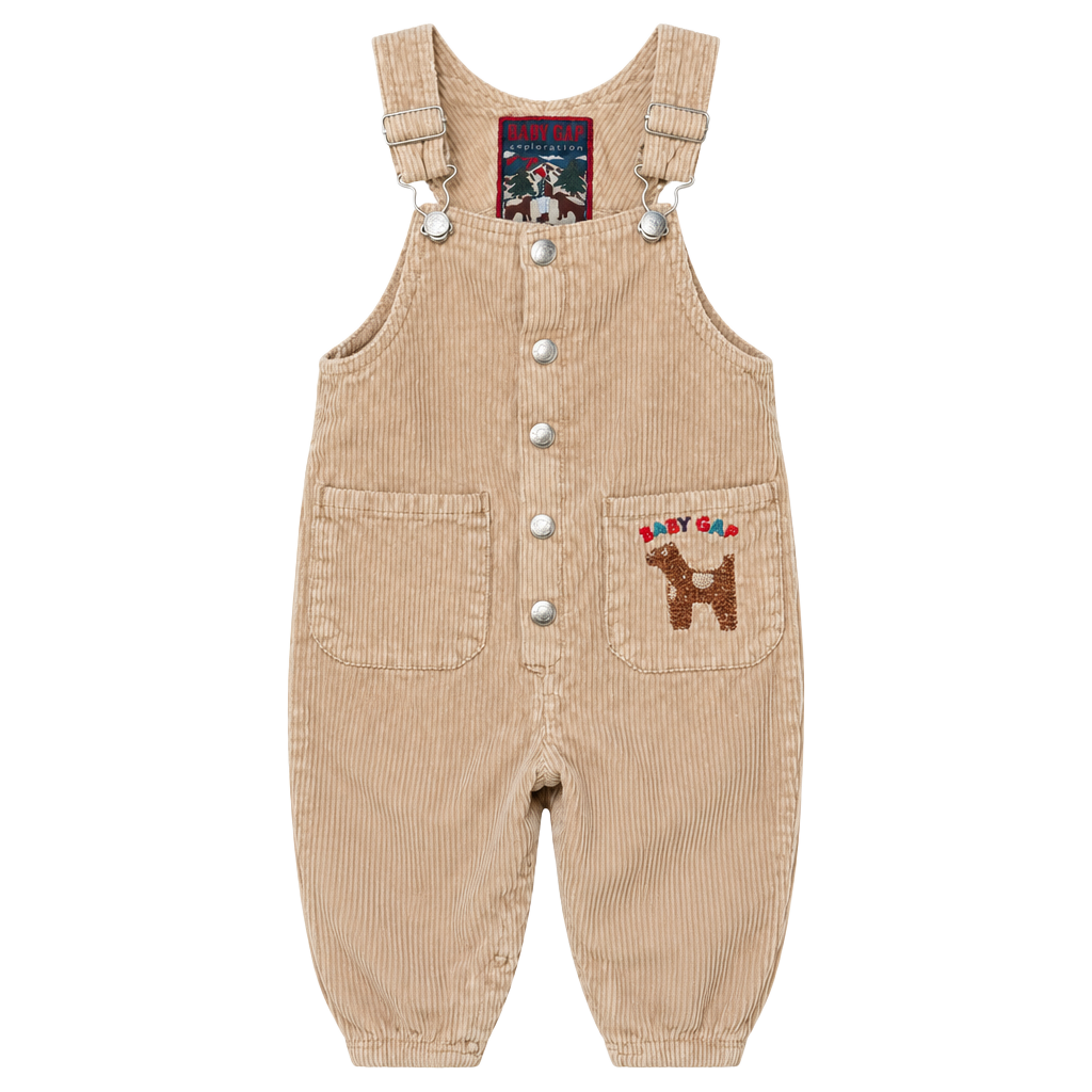 Vintage Baby Gap Exploration Corduroy Overalls 12-18 mths Tan Dog Embroidery ASIS 1