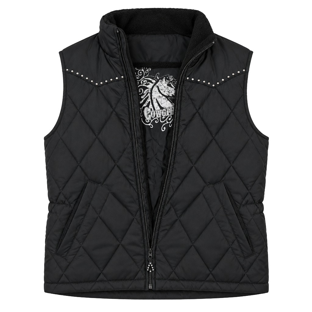 Cowgirl Up Quilted Rhinestone Vest Black 1