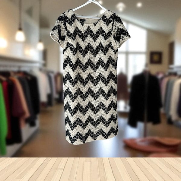 Talbots Crochet Lace Shift Dress Womens Black Ivory Chevron