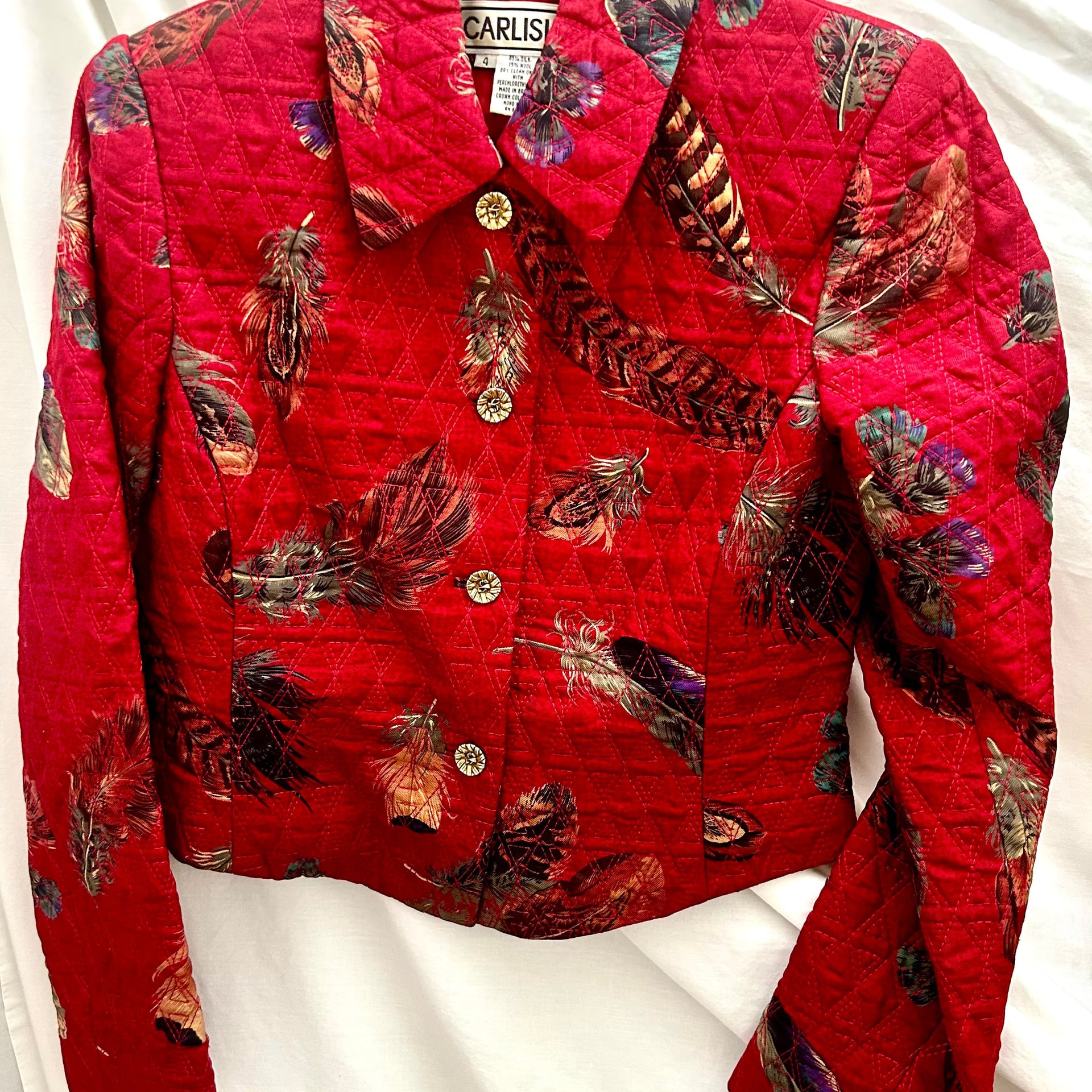 Vintage Carlisle Cropped Quilted Silk Wool Blend Jacket Feather Print 2