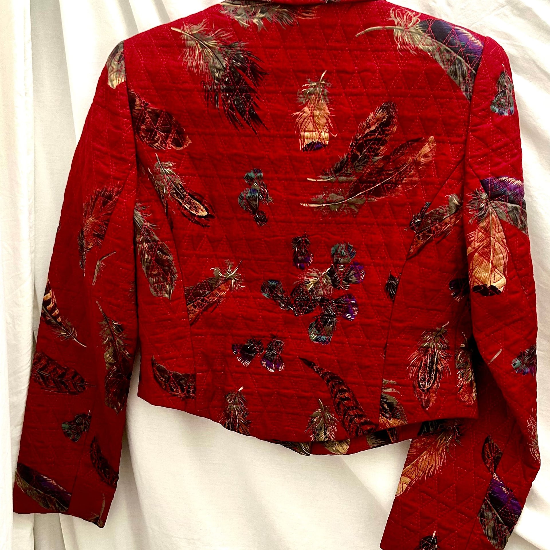Vintage Carlisle Cropped Quilted Silk Wool Blend Jacket Feather Print 3