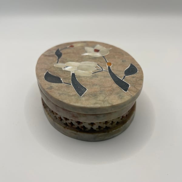Vintage Hand Carved Soapstone Trinket Jewelry Box Inlay Design from India