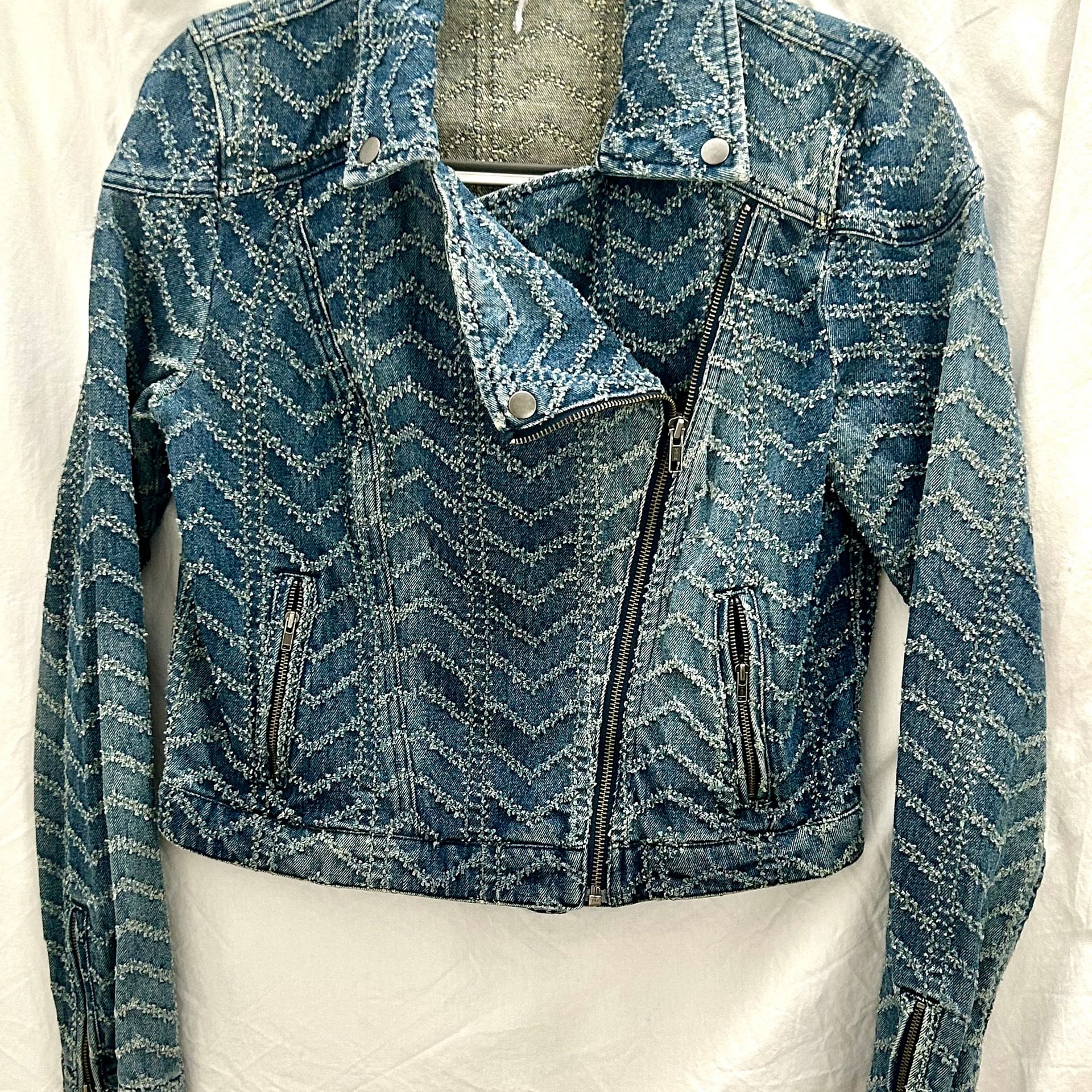 Free People Chevron Denim Moto Biker Jacket Small Blue Y2K 1