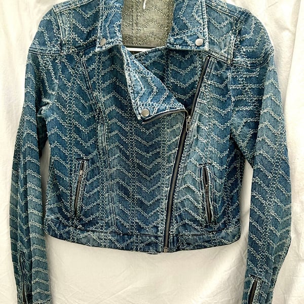 Free People Chevron Denim Moto Biker Jacket Small Blue Y2K