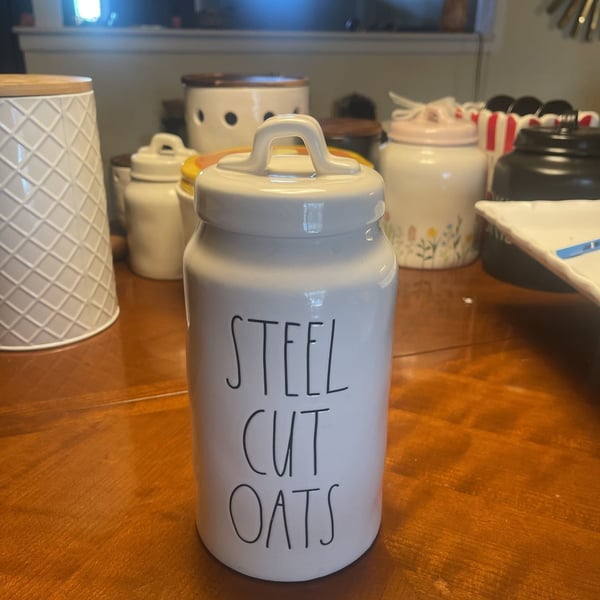 Rae Dunn Steel Cut Oats White Ceramic Farmhouse Oatmeal Canister