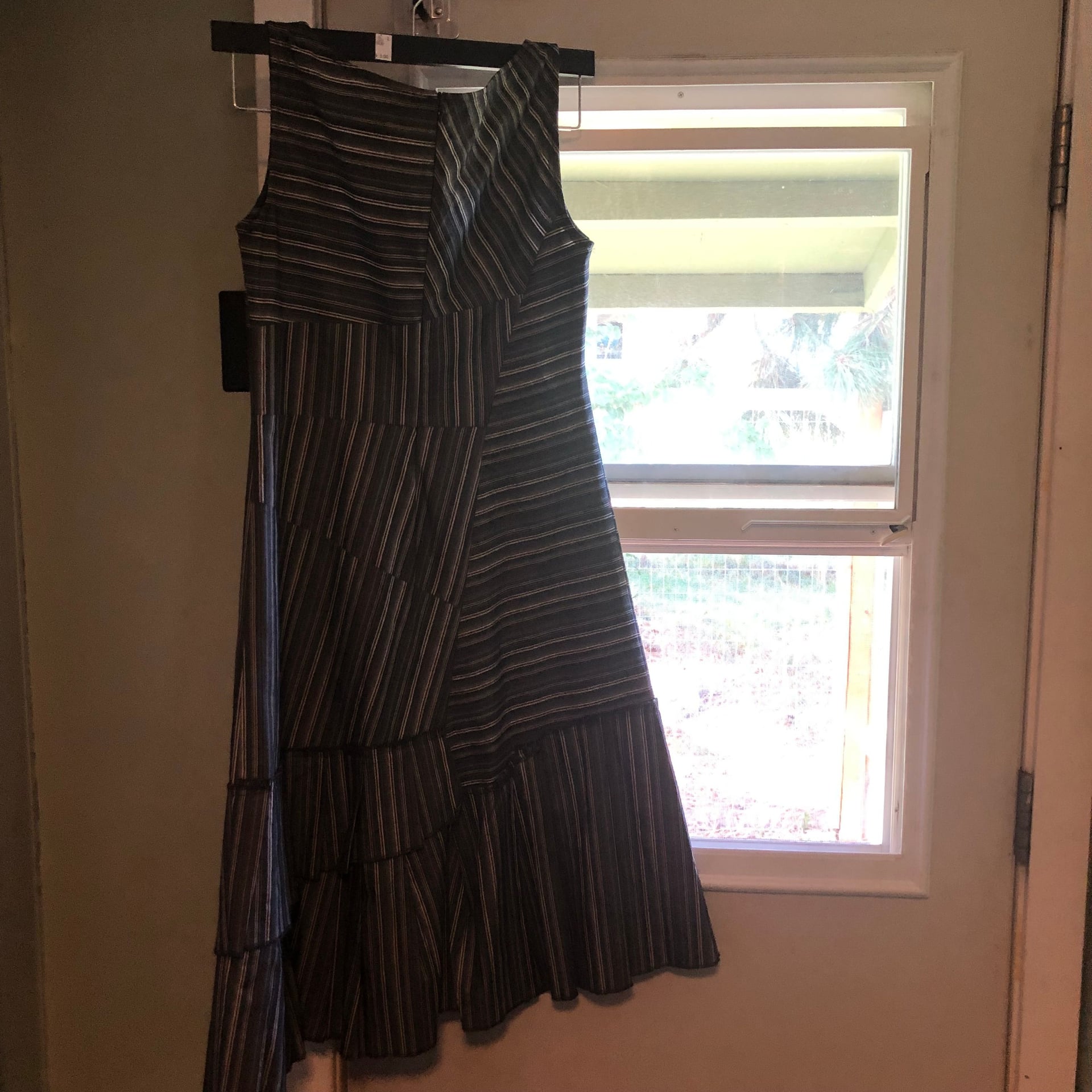 Stripe Asymmetrical Hem Pleated Dress, Women's Casual Midi 1