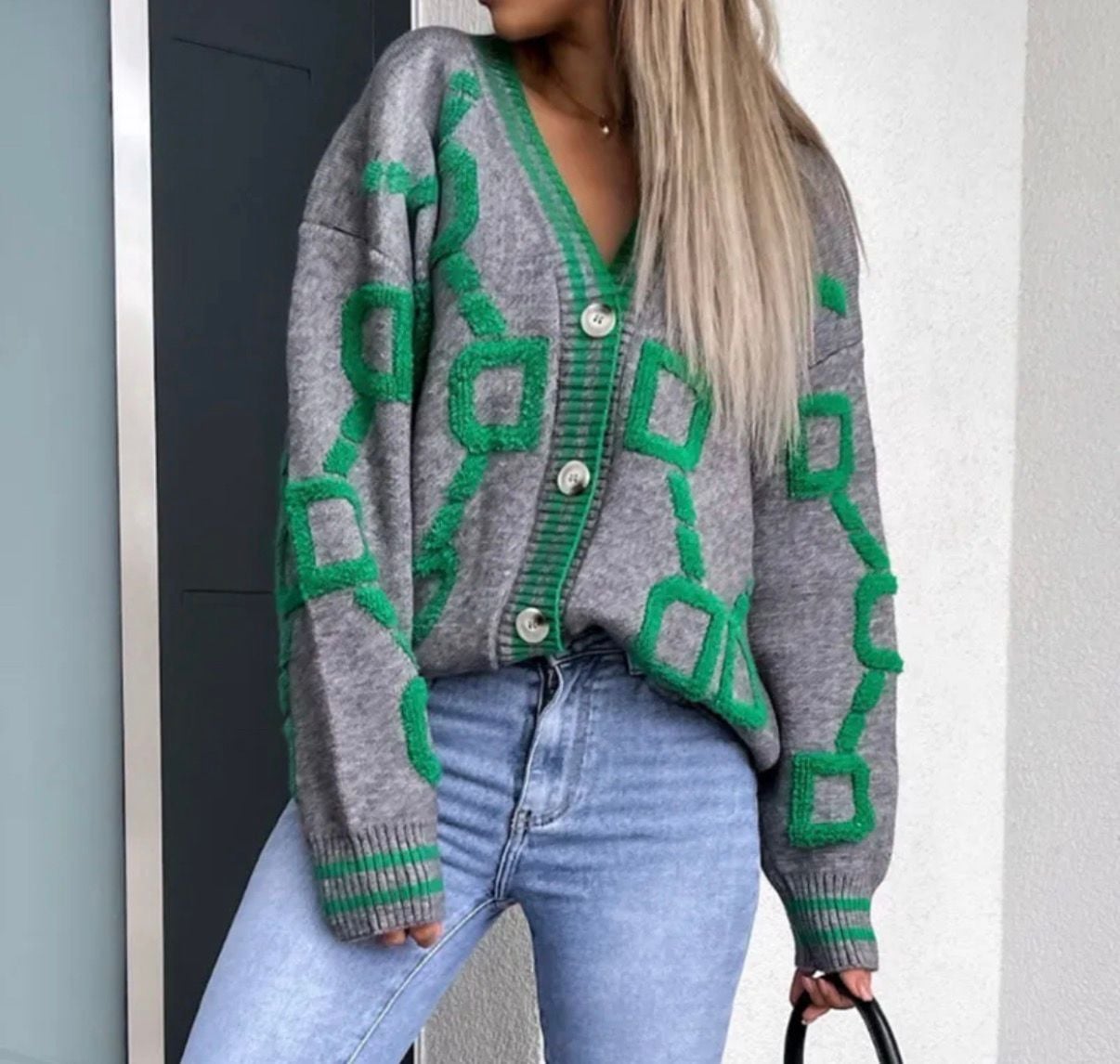 Women's Geometric Color Block Button Down Cardigan Sweater 2