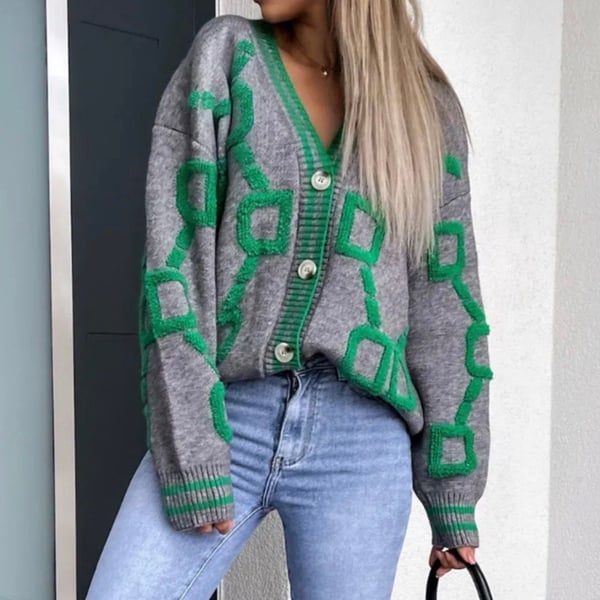 Women's Geometric Color Block Button Down Cardigan Sweater