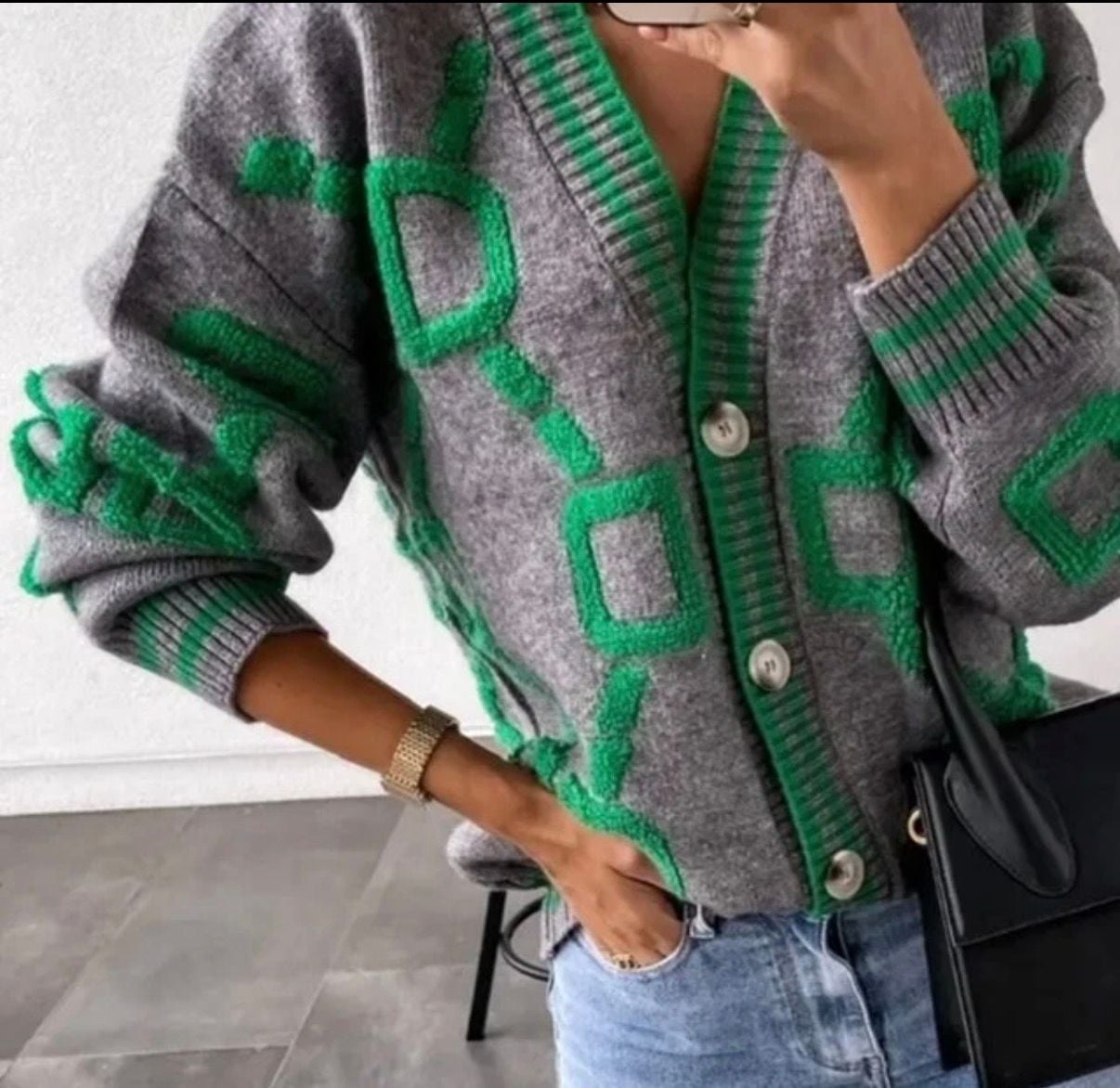 Women's Geometric Color Block Button Down Cardigan Sweater 4