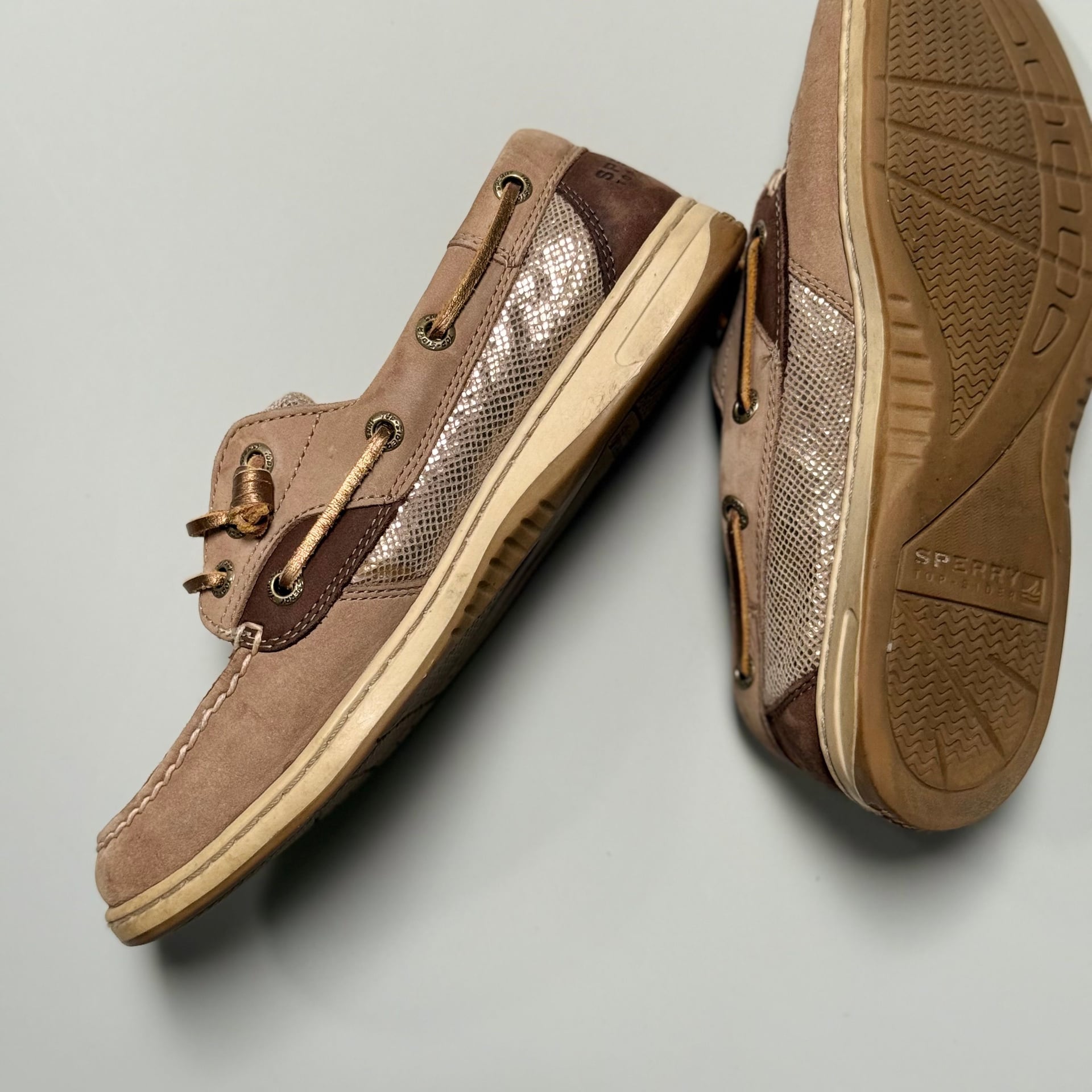 Sperry Top-Sider Ivyfish 6.5M Sparkle Boat Shoes Tan Brown Leather Metallic 2