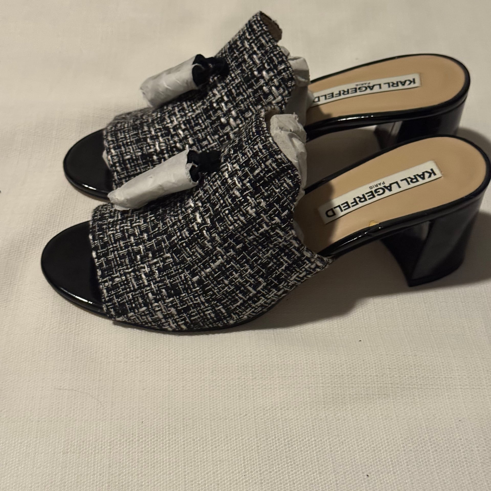 Karl Lagerfeld Size 7 Hettie Tweed Plaid Tassel Block Heel Mules 2