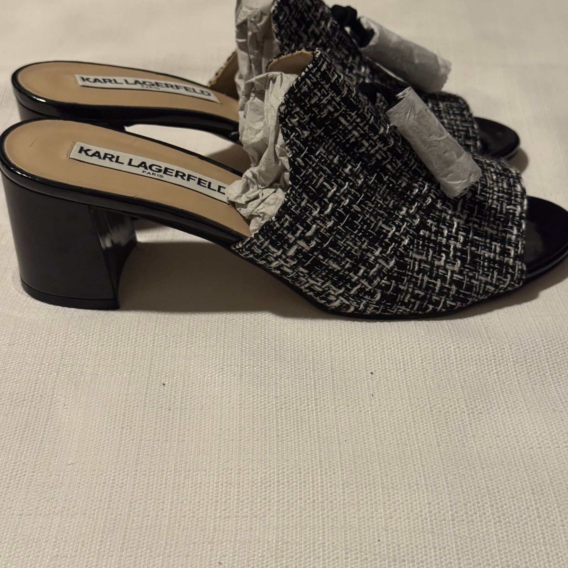 Karl Lagerfeld Size 7 Hettie Tweed Plaid Tassel Block Heel Mules 4